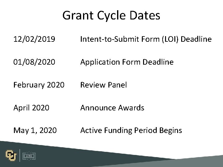Grant Cycle Dates 12/02/2019 Intent-to-Submit Form (LOI) Deadline 01/08/2020 Application Form Deadline February 2020 Grant Cycle Dates 12/02/2019 Intent-to-Submit Form (LOI) Deadline 01/08/2020 Application Form Deadline February 2020