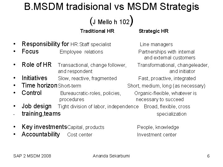 B. MSDM tradisional vs MSDM Strategis (J Mello h 102) Traditional HR • Responsibility