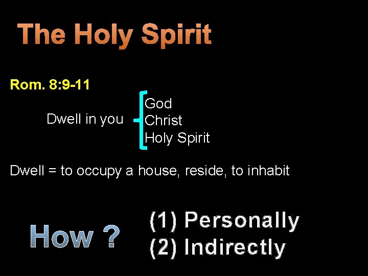 The Holy Spirit Rom. 8: 9 -11 Dwell in you God Christ Holy Spirit