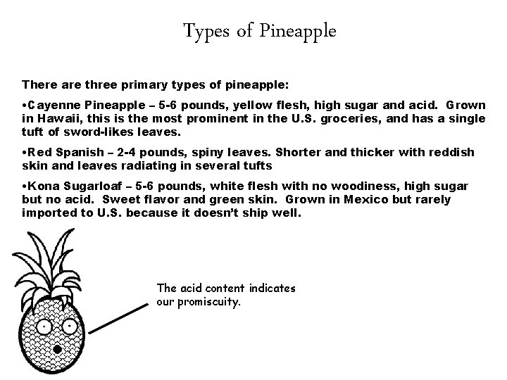 Types of Pineapple There are three primary types of pineapple: • Cayenne Pineapple –