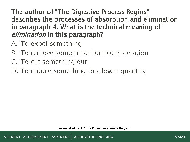 The author of “The Digestive Process Begins” describes the processes of absorption and elimination