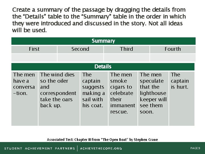 Create a summary of the passage by dragging the details from the “Details” table