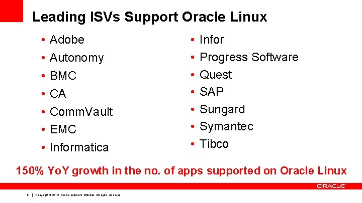 Leading ISVs Support Oracle Linux • • Adobe Autonomy BMC CA Comm. Vault EMC