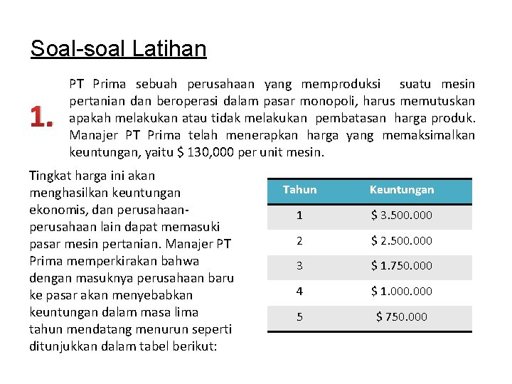 Soal-soal Latihan 1. PT Prima sebuah perusahaan yang memproduksi suatu mesin pertanian dan beroperasi