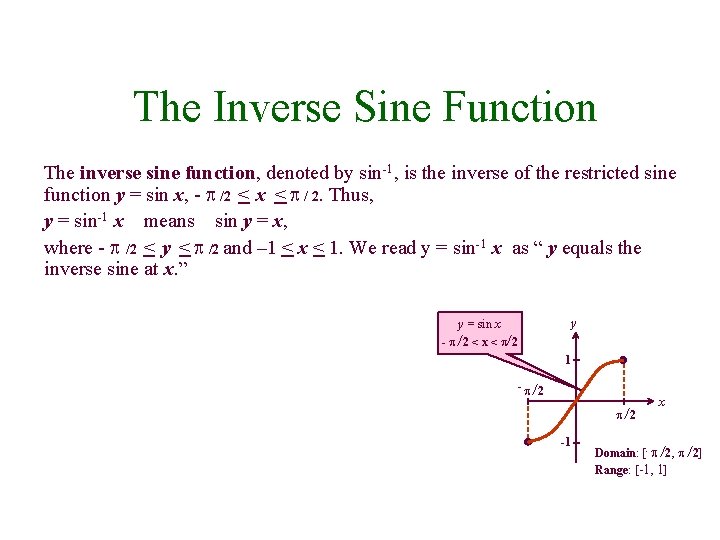 The Inverse Sine Function The inverse sine function, denoted by sin-1, is the inverse