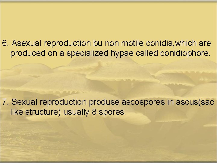6. Asexual reproduction bu non motile conidia, which are produced on a specialized hypae