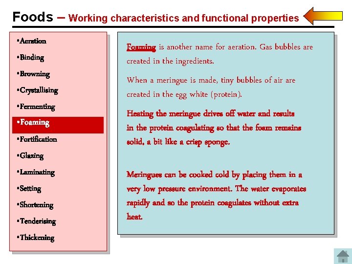 Foods – Working characteristics and functional properties • Aeration • Binding • Browning •