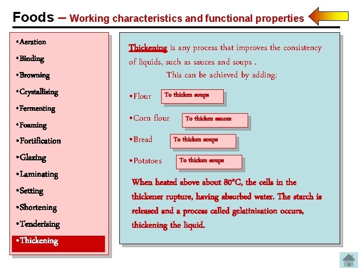Foods – Working characteristics and functional properties • Aeration • Binding • Browning •