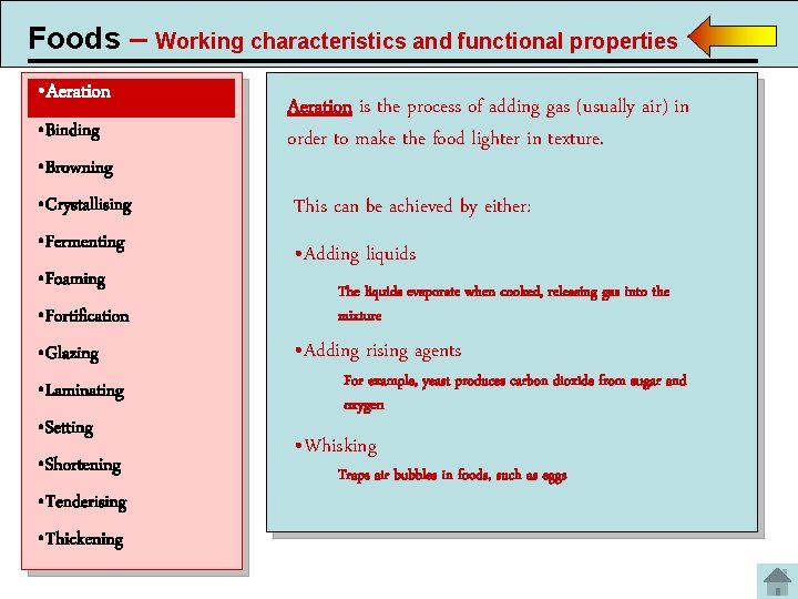 Foods – Working characteristics and functional properties • Aeration • Binding • Browning •