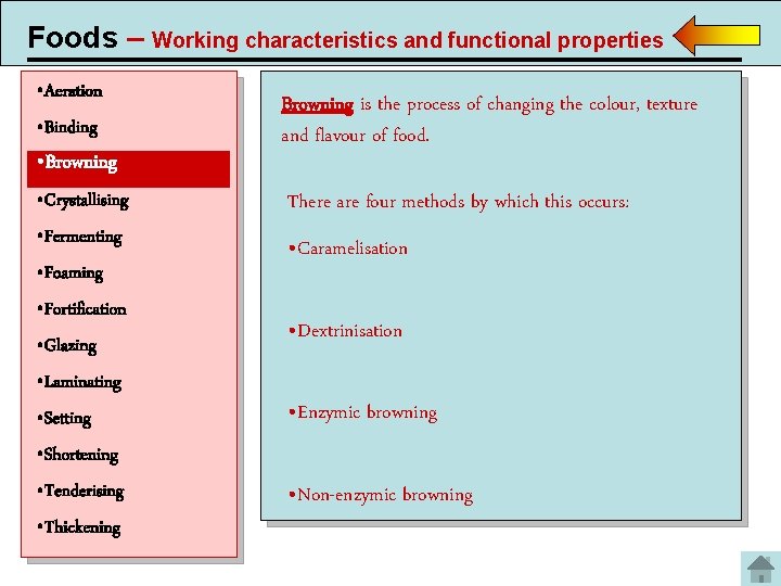 Foods – Working characteristics and functional properties • Aeration • Binding • Browning •