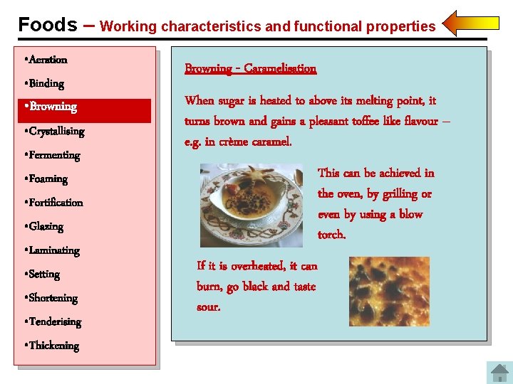 Foods – Working characteristics and functional properties • Aeration • Binding • Browning •