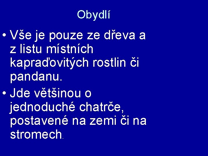 Obydlí • Vše je pouze ze dřeva a z listu místních kapraďovitých rostlin či