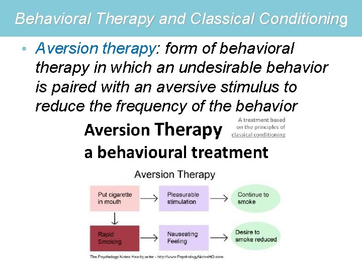 Behavioral Therapy and Classical Conditioning Conditionin • Aversion therapy: form of behavioral therapy in