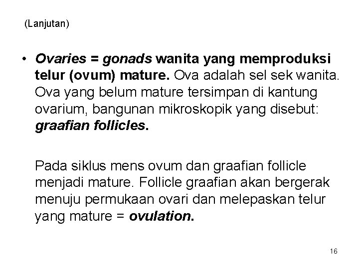 (Lanjutan) • Ovaries = gonads wanita yang memproduksi telur (ovum) mature. Ova adalah sel