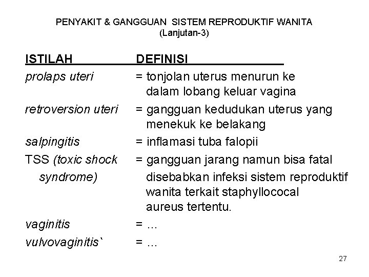 PENYAKIT & GANGGUAN SISTEM REPRODUKTIF WANITA (Lanjutan-3) ISTILAH prolaps uteri retroversion uteri salpingitis TSS