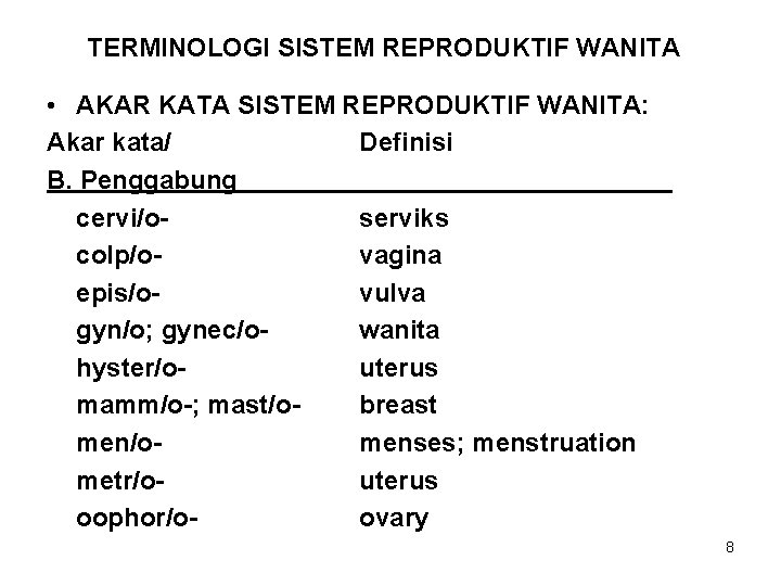 TERMINOLOGI SISTEM REPRODUKTIF WANITA • AKAR KATA SISTEM REPRODUKTIF WANITA: Akar kata/ Definisi B.