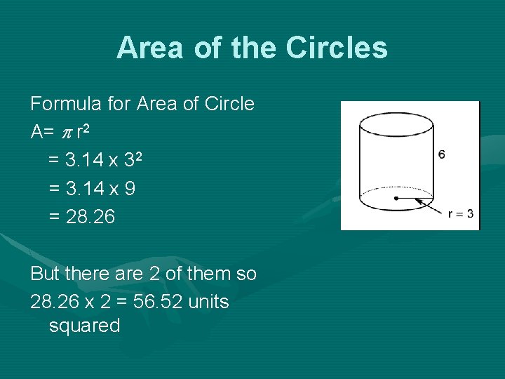 Area of the Circles Formula for Area of Circle A= r 2 = 3.