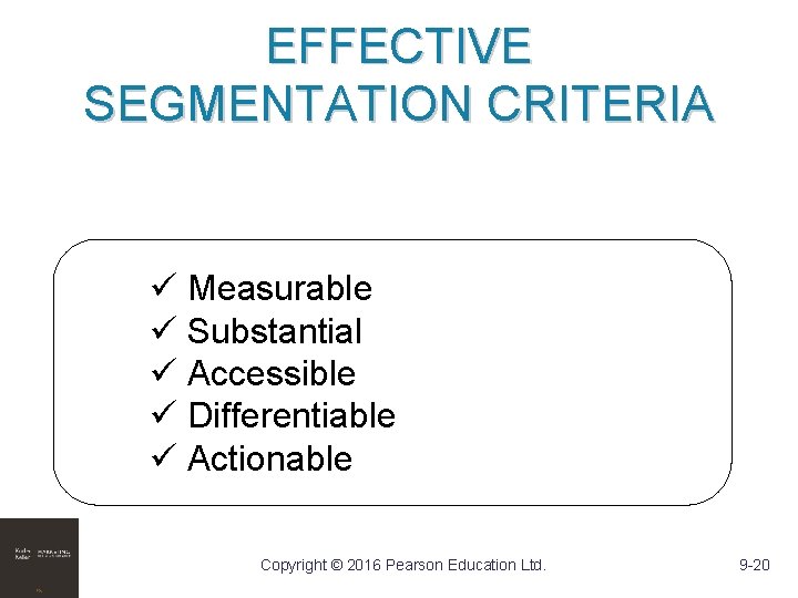 EFFECTIVE SEGMENTATION CRITERIA ü Measurable ü Substantial ü Accessible ü Differentiable ü Actionable Copyright