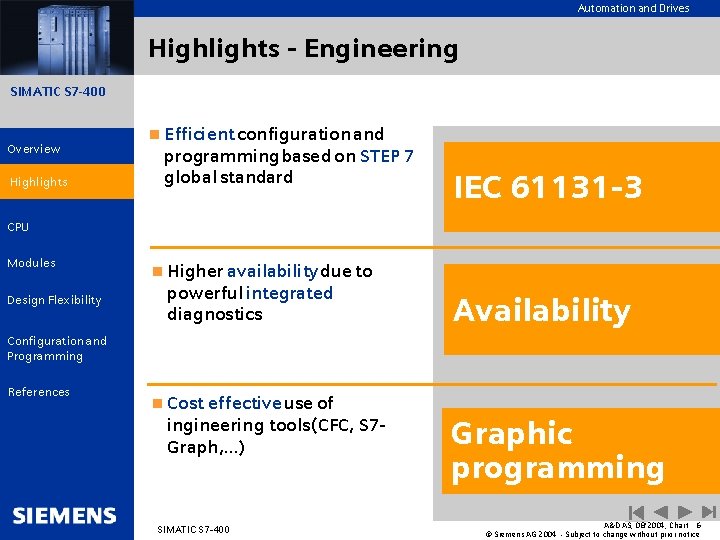 Automation and Drives Highlights - Engineering SIMATIC S 7 -400 Overview Highlights n Efficient