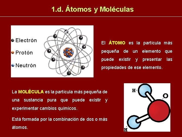 1. d. Átomos y Moléculas El ÁTOMO es la partícula más pequeña de un