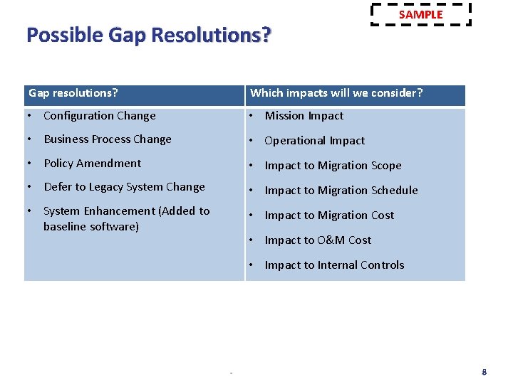 Possible Gap Resolutions? SAMPLE Gap resolutions? Which impacts will we consider? • Configuration Change