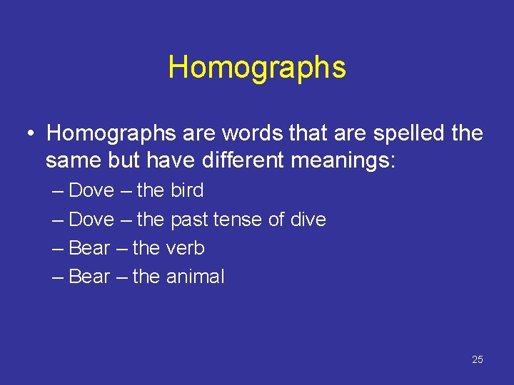 Homographs • Homographs are words that are spelled the same but have different meanings:
