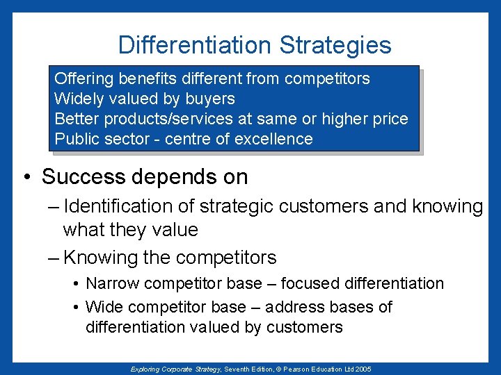 Differentiation Strategies Offering benefits different from competitors Widely valued by buyers Better products/services at