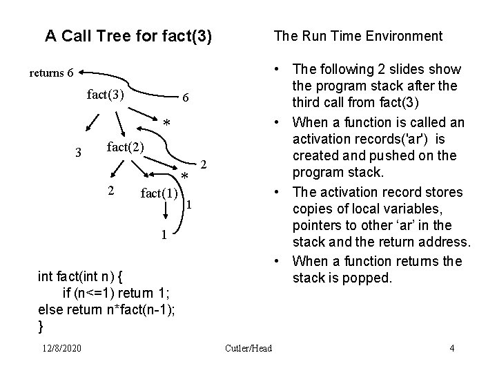 A Call Tree for fact(3) The Run Time Environment • The following 2 slides