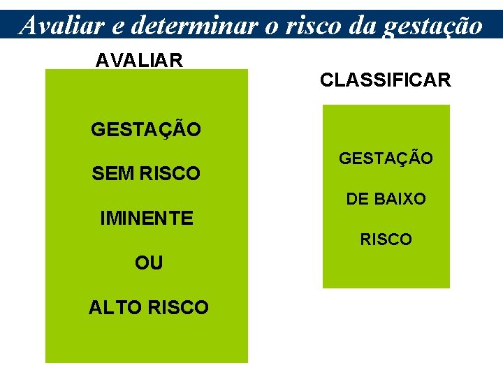 Avaliar e determinar o risco da gestação AVALIAR CLASSIFICAR GESTAÇÃO SEM RISCO IMINENTE GESTAÇÃO