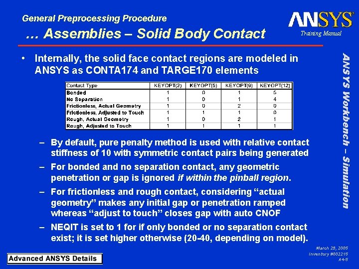 General Preprocessing Procedure … Assemblies – Solid Body Contact Training Manual – By default,