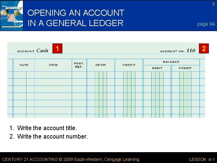 8 OPENING AN ACCOUNT IN A GENERAL LEDGER 1 page 94 2 1. Write