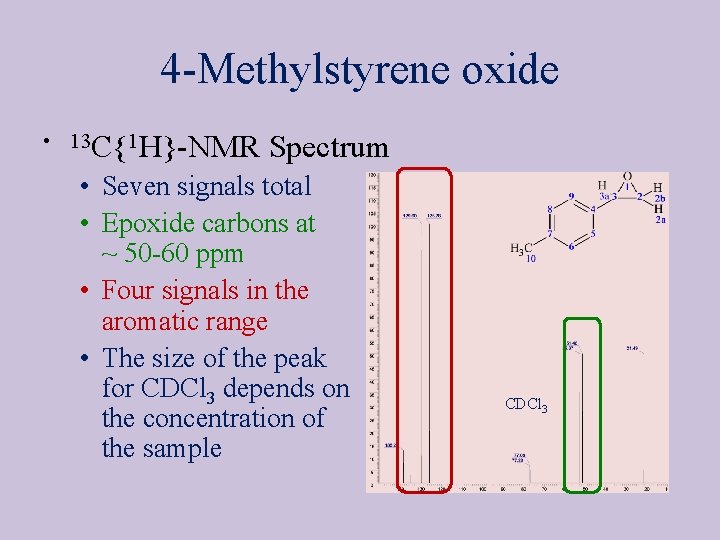 4 -Methylstyrene oxide • 13 C{1 H}-NMR Spectrum • Seven signals total • Epoxide