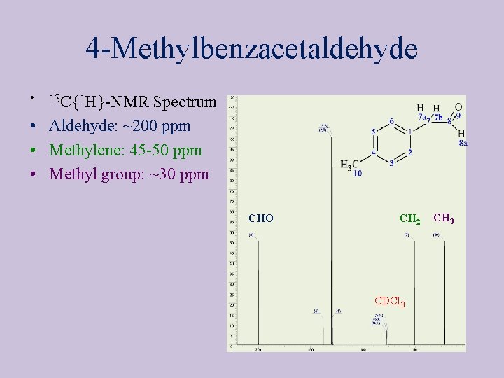 4 -Methylbenzacetaldehyde • 13 C{1 H}-NMR Spectrum • Aldehyde: ~200 ppm • Methylene: 45