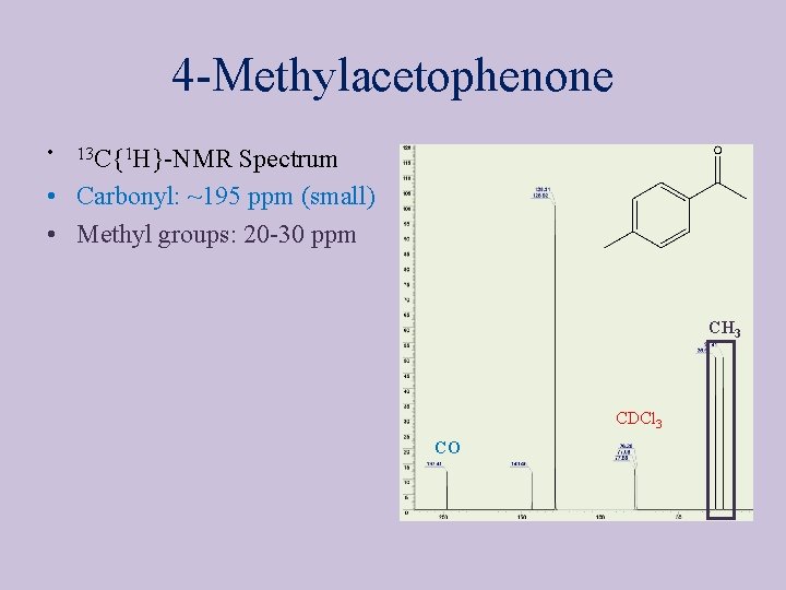 4 -Methylacetophenone • 13 C{1 H}-NMR Spectrum • Carbonyl: ~195 ppm (small) • Methyl