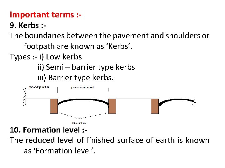 Important terms : - 9. Kerbs : The boundaries between the pavement and shoulders