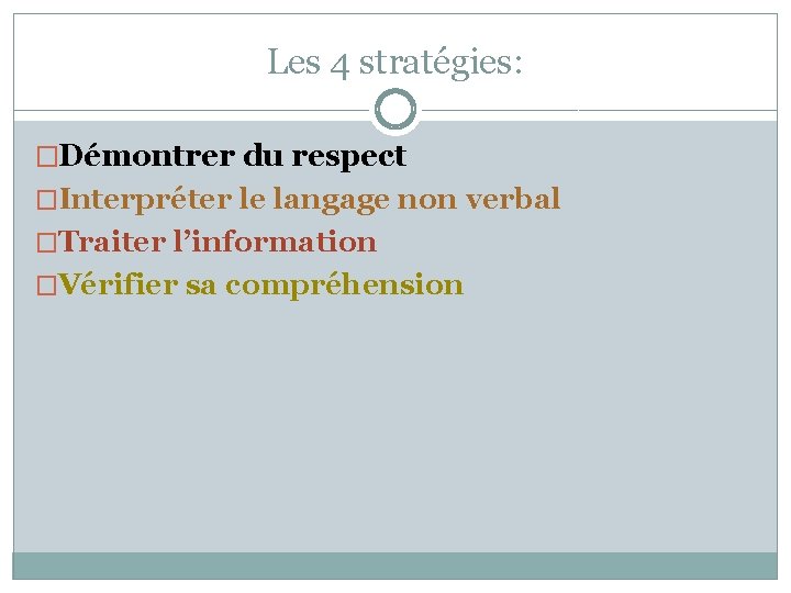 Les 4 stratégies: �Démontrer du respect �Interpréter le langage non verbal �Traiter l’information �Vérifier