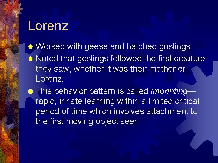 Lorenz ® Worked with geese and hatched goslings. ® Noted that goslings followed the Lorenz ® Worked with geese and hatched goslings. ® Noted that goslings followed the