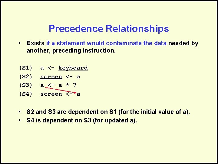 Precedence Relationships • Exists if a statement would contaminate the data needed by another,