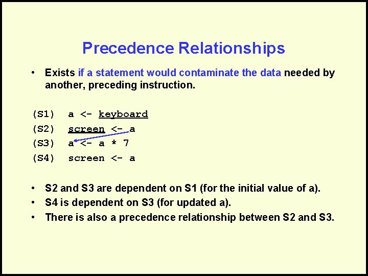 Precedence Relationships • Exists if a statement would contaminate the data needed by another,