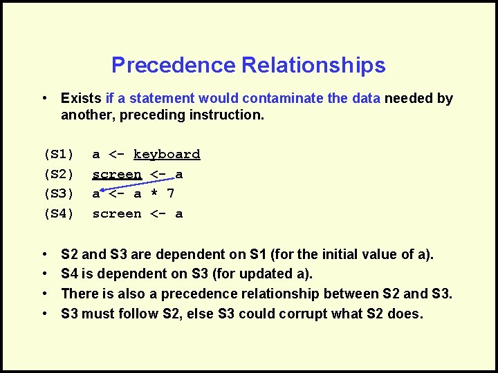 Precedence Relationships • Exists if a statement would contaminate the data needed by another,