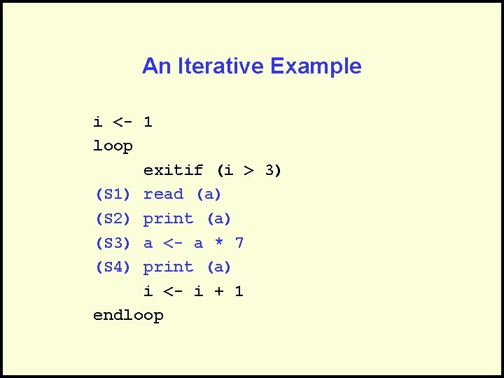 An Iterative Example i <- 1 loop exitif (i > 3) (S 1) read