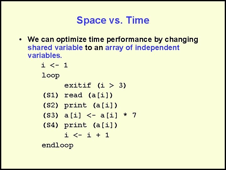 Space vs. Time • We can optimize time performance by changing shared variable to