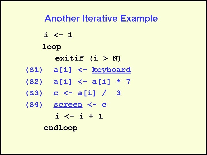 Another Iterative Example i <- 1 loop exitif (i > N) (S 1) a[i]