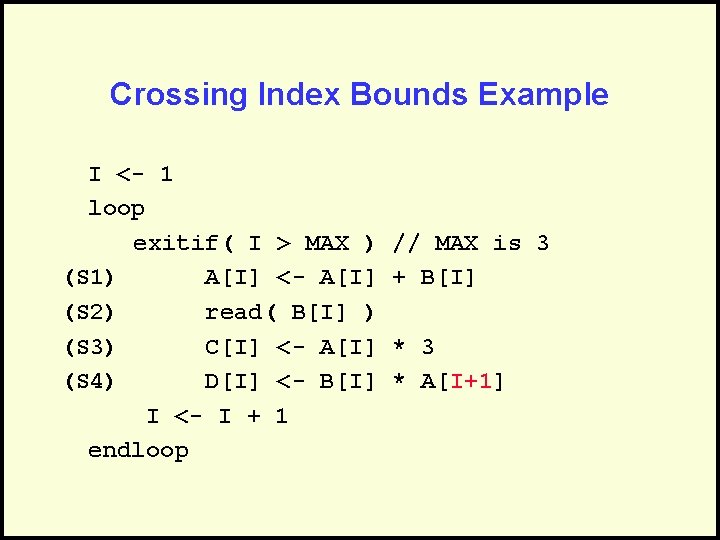 Crossing Index Bounds Example I <- 1 loop exitif( I > MAX ) (S