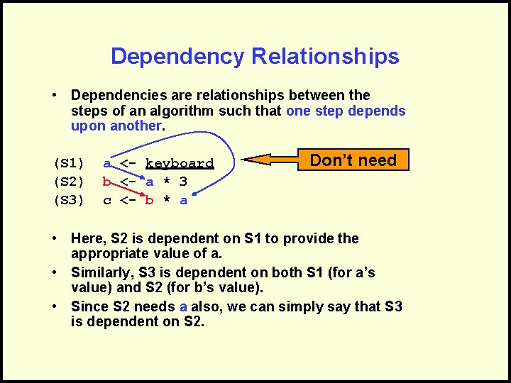 Dependency Relationships • Dependencies are relationships between the steps of an algorithm such that