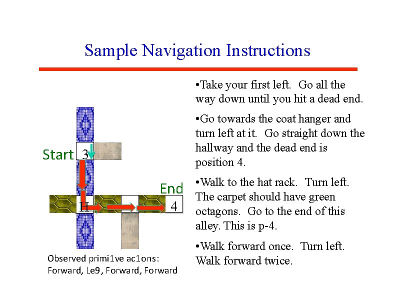 Sample Navigation Instructions • Take your first left. Go all the way down until