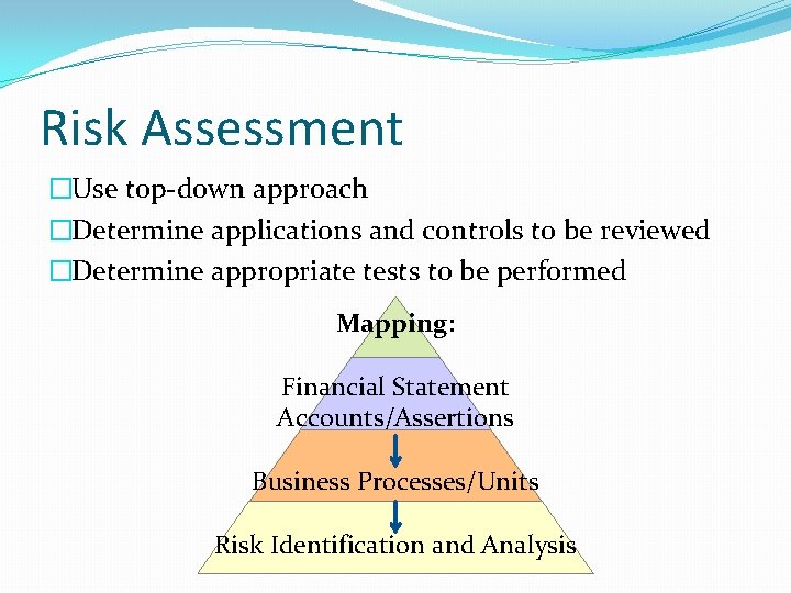 Risk Assessment �Use top-down approach �Determine applications and controls to be reviewed �Determine appropriate