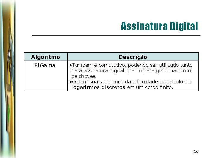 Assinatura Digital Algoritmo Descrição El Gamal • Também é comutativo, podendo ser utilizado tanto Assinatura Digital Algoritmo Descrição El Gamal • Também é comutativo, podendo ser utilizado tanto