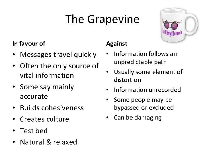 The Grapevine In favour of Against • Messages travel quickly • Often the only