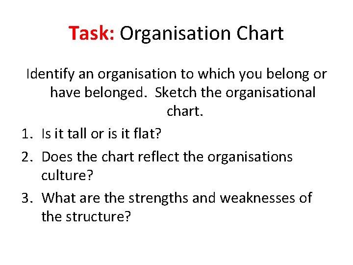 Task: Organisation Chart Identify an organisation to which you belong or have belonged. Sketch